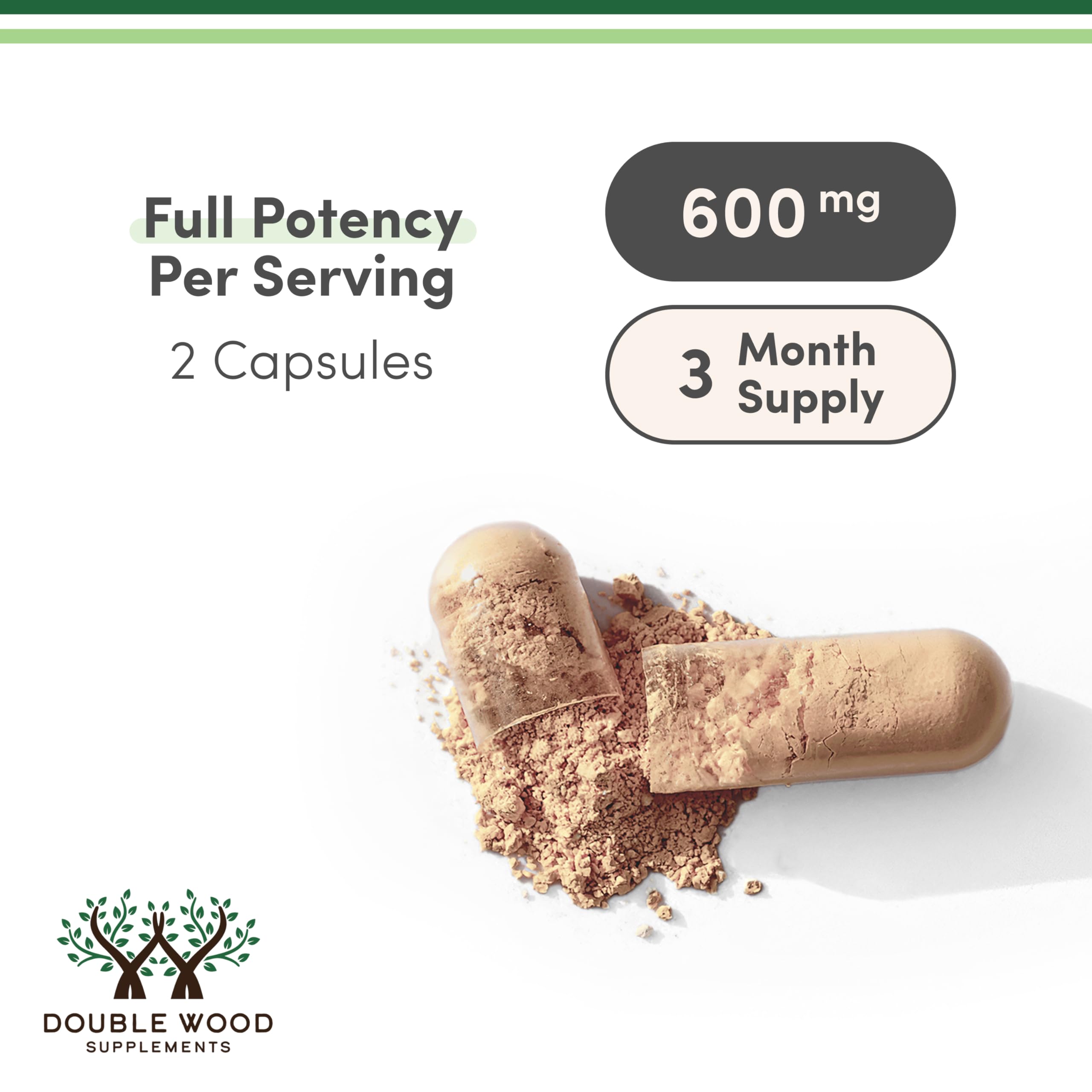 Double Wood Supplements Fadogia Agrestis 600mg capsules split with powder showing 2 capsule serving and 3 month supply
