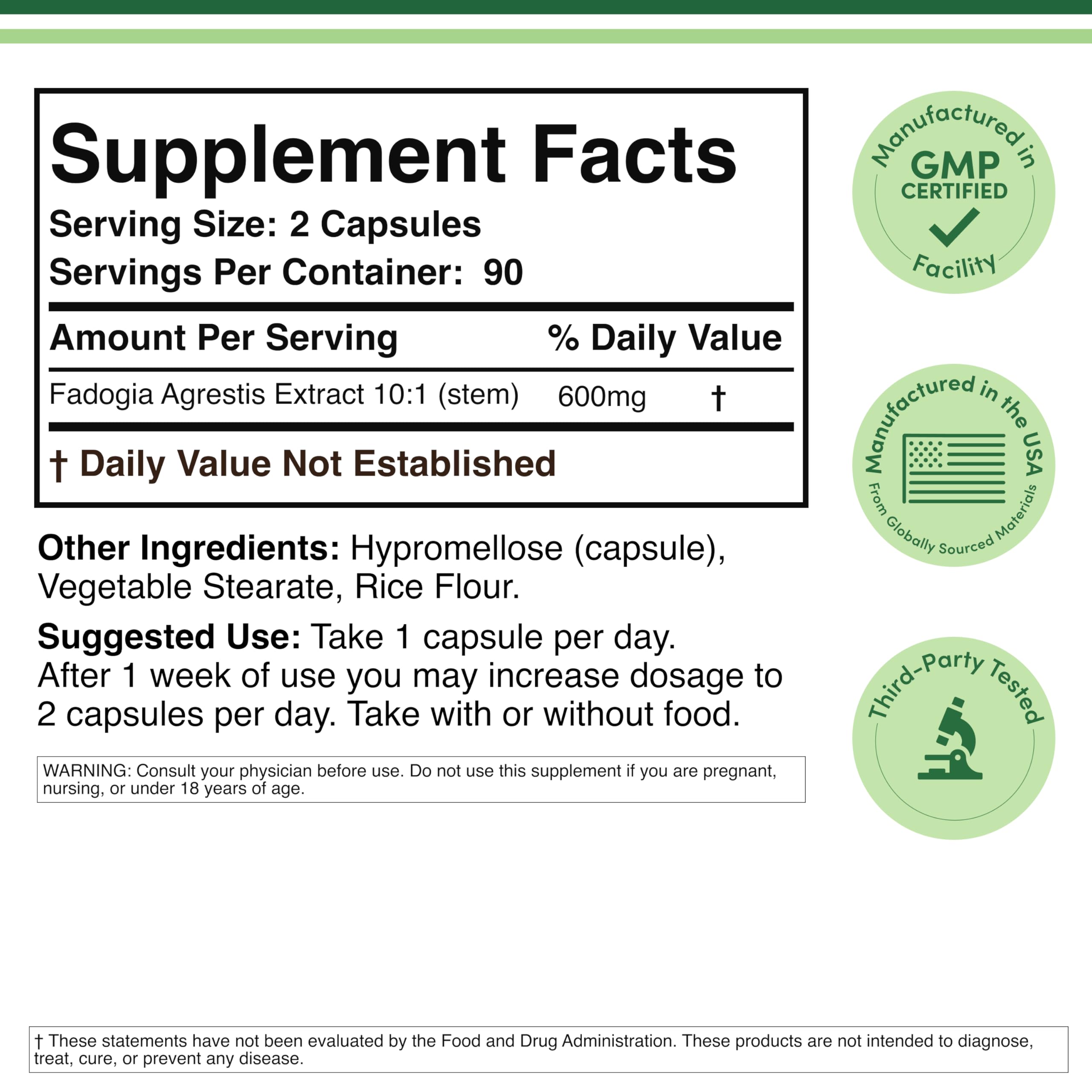 Supplement facts label showing Double Wood Supplements Fadogia Agrestis 600mg 2 capsules per serving 90 servings made in USA GMP
