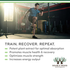 Athlete training in gym with recovery benefits text and Double Wood Supplements Fadogia Agrestis 600mg logo