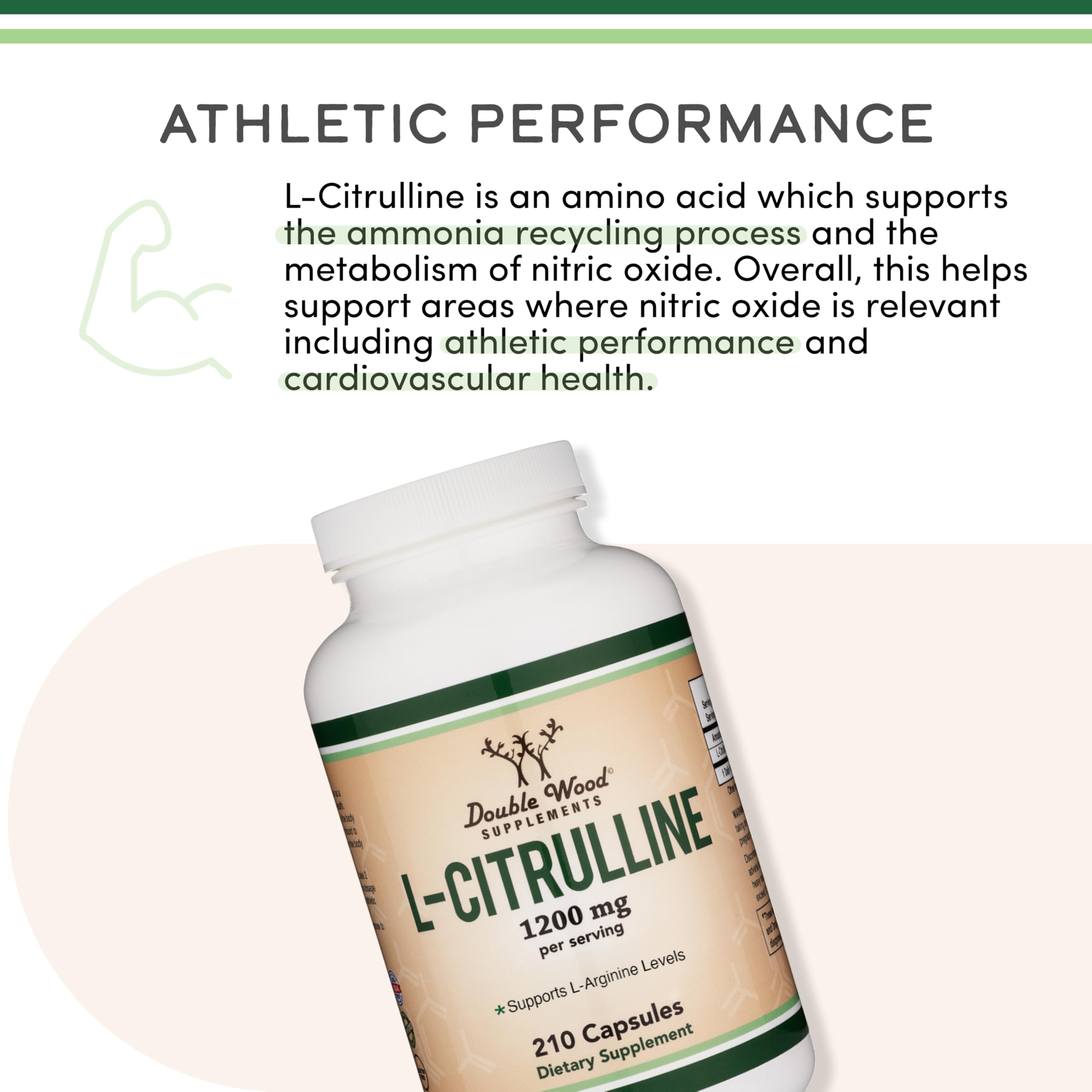 Double Wood Supplements L Citrulline capsules for muscle recovery. White bottle labeled 1200 mg 210 capsules