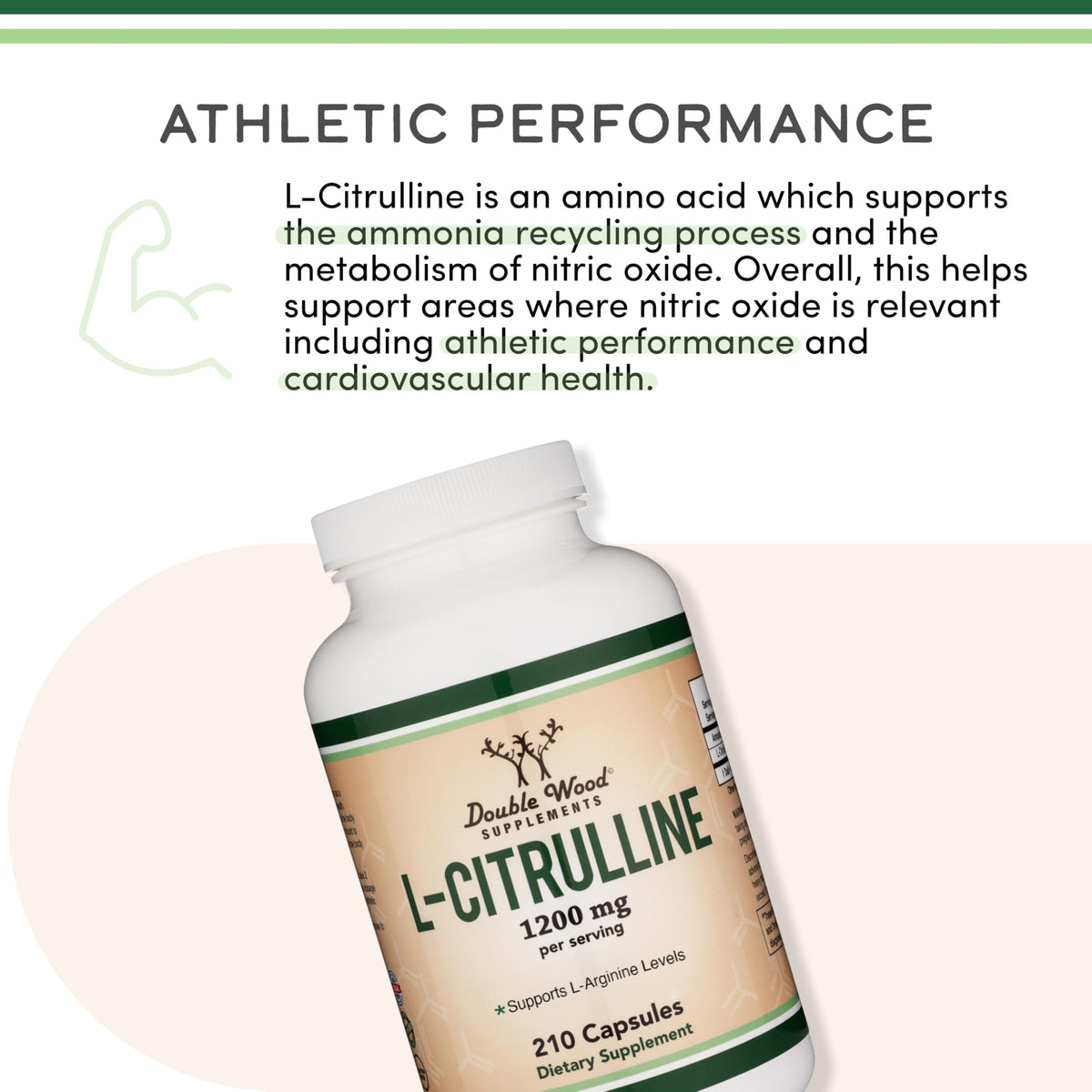 Double Wood Supplements L Citrulline capsules for muscle recovery. White bottle labeled 1200 mg 210 capsules