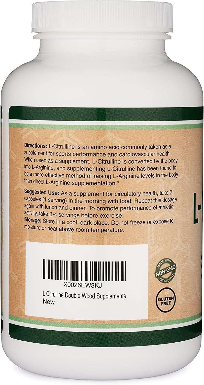 Double Wood Supplements bottle showing back label of L Citrulline capsules for muscle recovery supplement