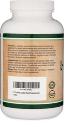 Double Wood Supplements bottle showing back label of L Citrulline capsules for muscle recovery supplement