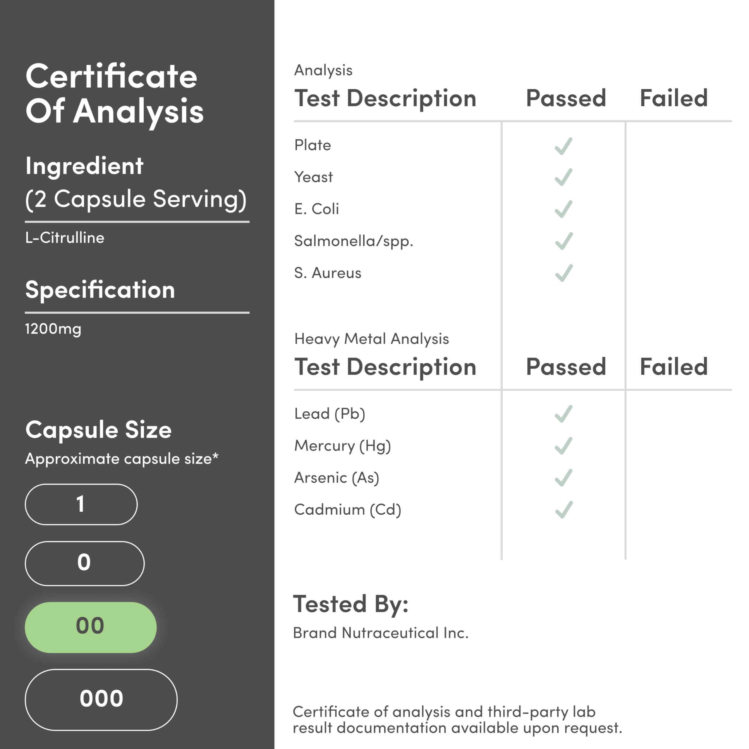 Double Wood Supplements Certificate of Analysis showing L Citrulline capsules for muscle recovery. Lab results and 1200mg