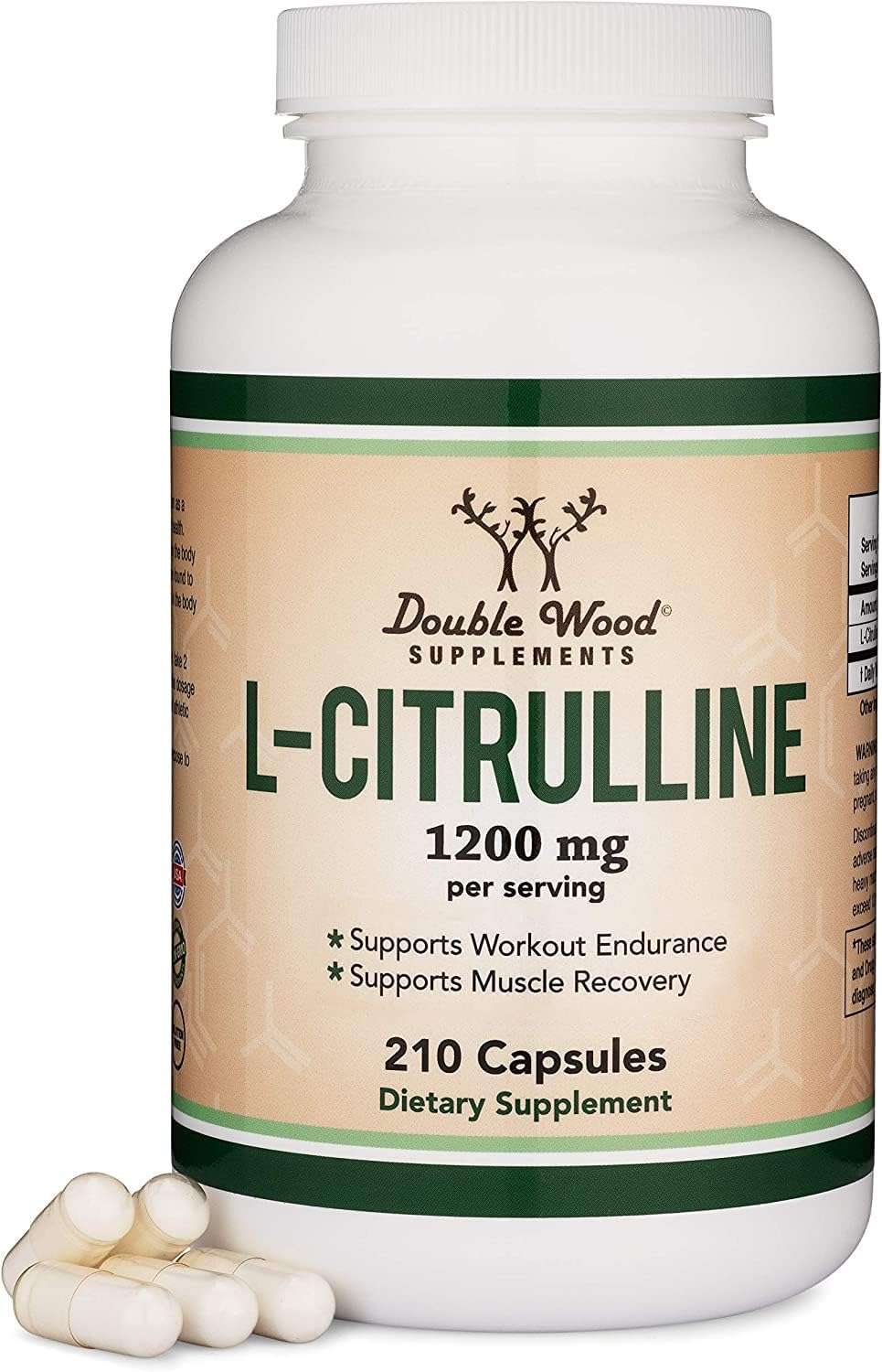 Double Wood Supplements L Citrulline capsules for muscle recovery. White bottle 1200 mg 210 capsules with sample pills