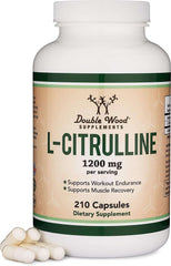 Double Wood Supplements L Citrulline capsules for muscle recovery. White bottle 1200 mg 210 capsules with sample pills