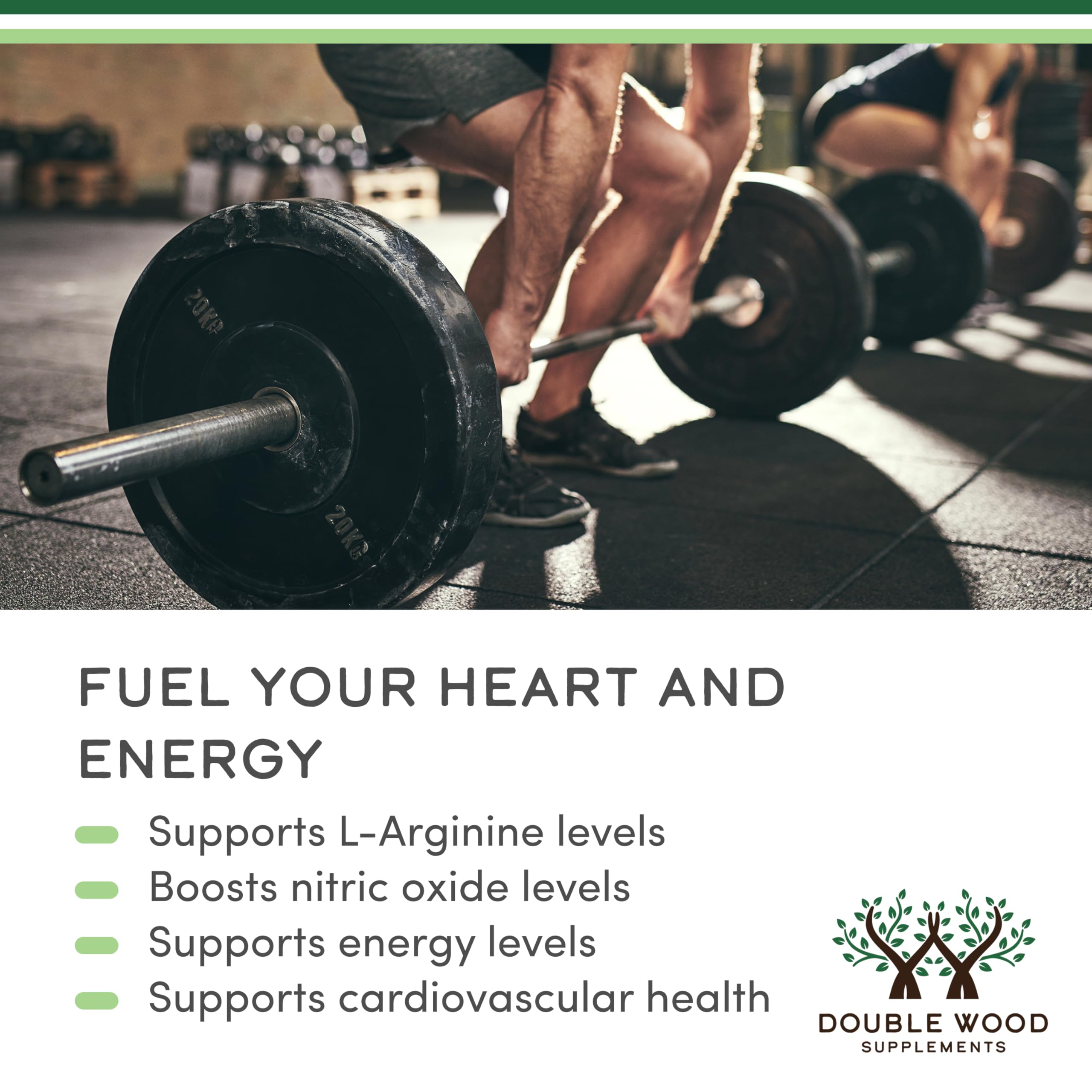 Double Wood Supplements L Citrulline capsules for muscle recovery. Gym barbell image promoting energy and heart health