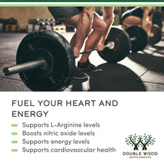 Double Wood Supplements L Citrulline capsules for muscle recovery. Gym barbell image promoting energy and heart health