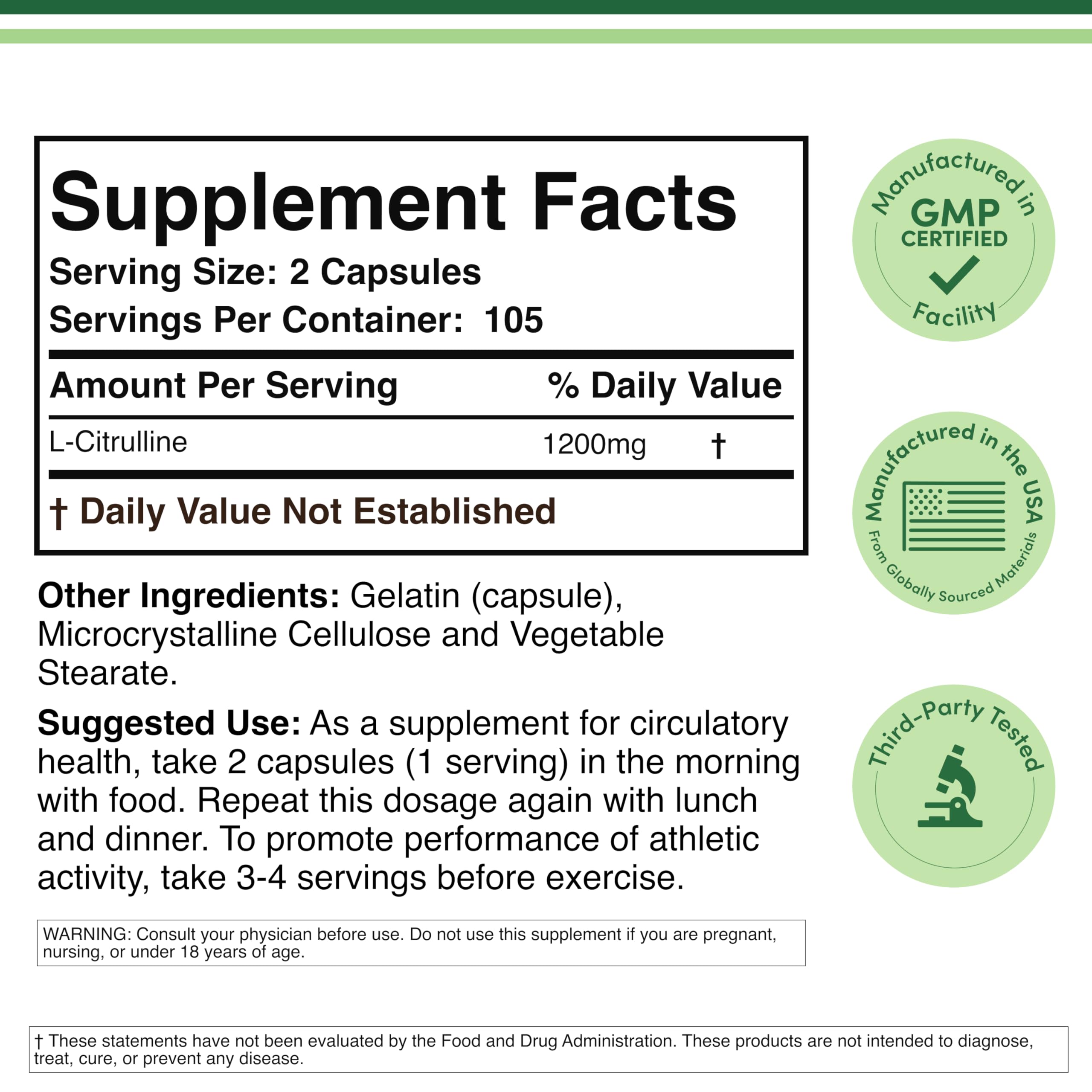 Double Wood Supplements label L Citrulline 1200 mg per serving size 2 capsules L Citrulline capsules for muscle recovery.