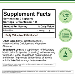 Double Wood Supplements label L Citrulline 1200 mg per serving size 2 capsules L Citrulline capsules for muscle recovery.