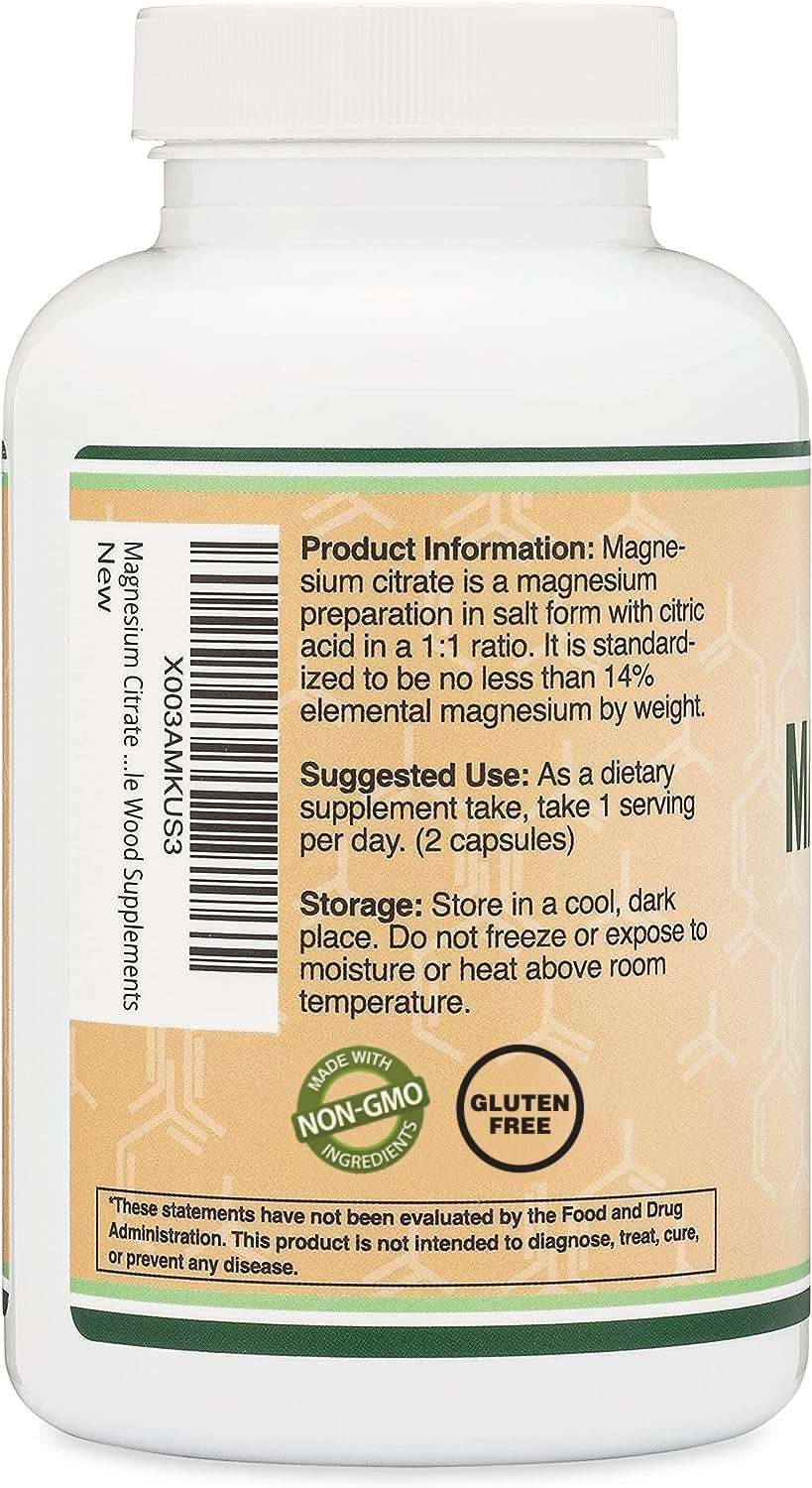 Double Wood Supplements white bottle of Magnesium Citrate Capsules 400mg with beige label showing dosage and Non GMO Gluten Free