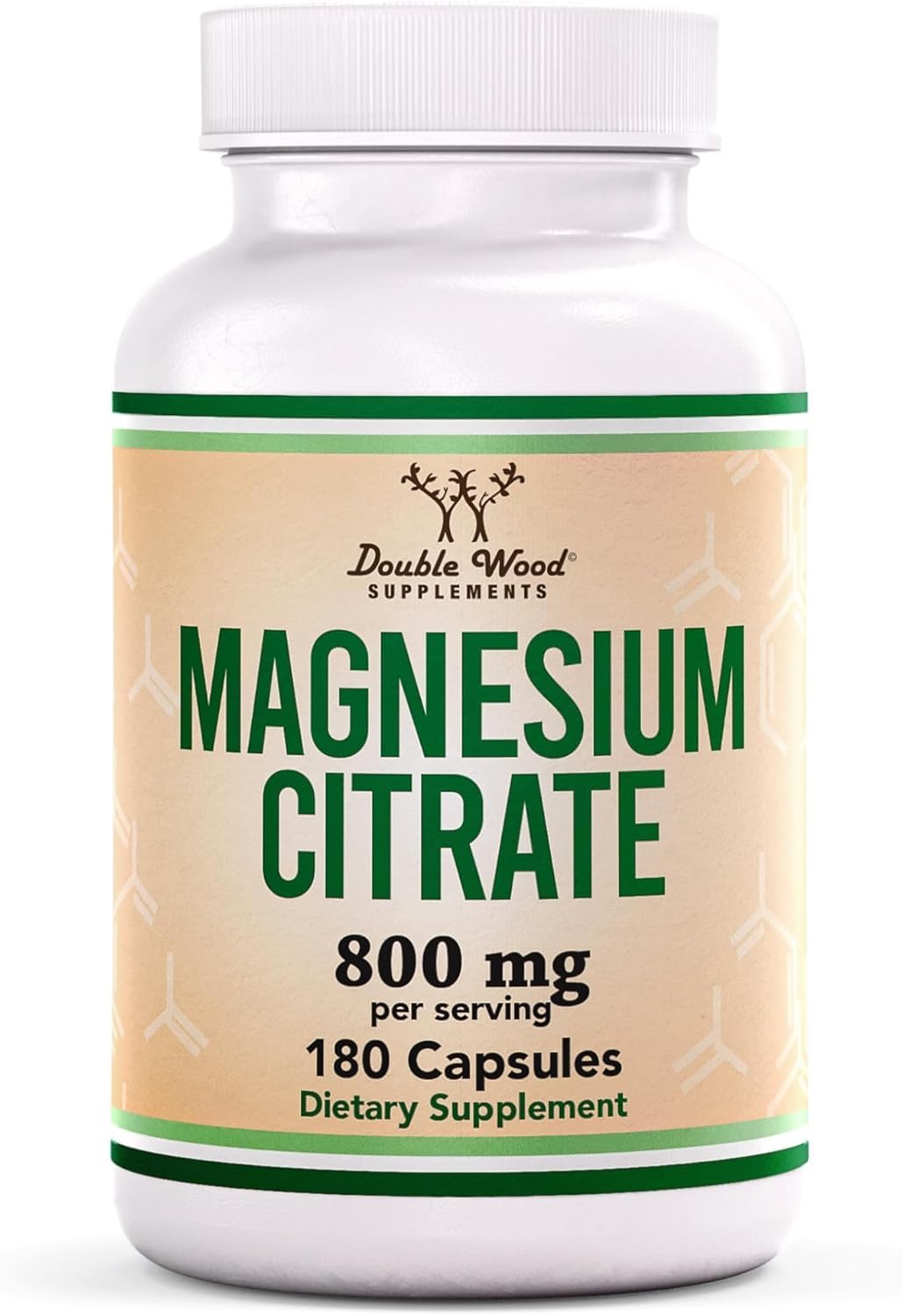Double Wood Supplements bottle of Magnesium Citrate Capsules 400mg search term, label shows 800 mg per serving 180 capsules