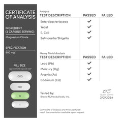 Double Wood Supplements Certificate of Analysis showing lab tests and pill size for Magnesium Citrate Capsules 400mg