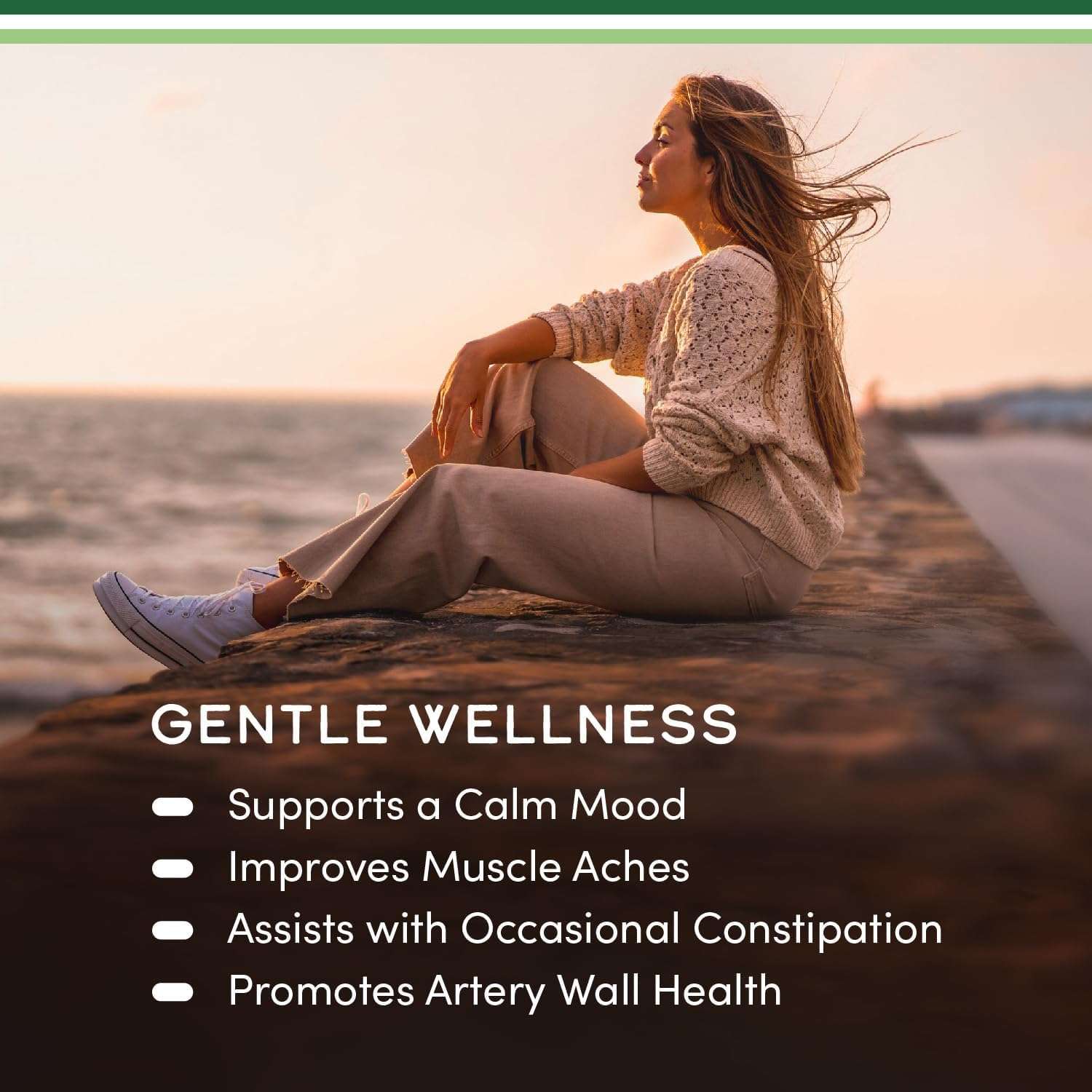 Magnesium Citrate Capsules 400mg supplement ad by Double Wood Supplements showing woman relaxing by ocean and benefits list