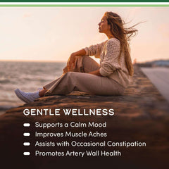 Magnesium Citrate Capsules 400mg supplement ad by Double Wood Supplements showing woman relaxing by ocean and benefits list