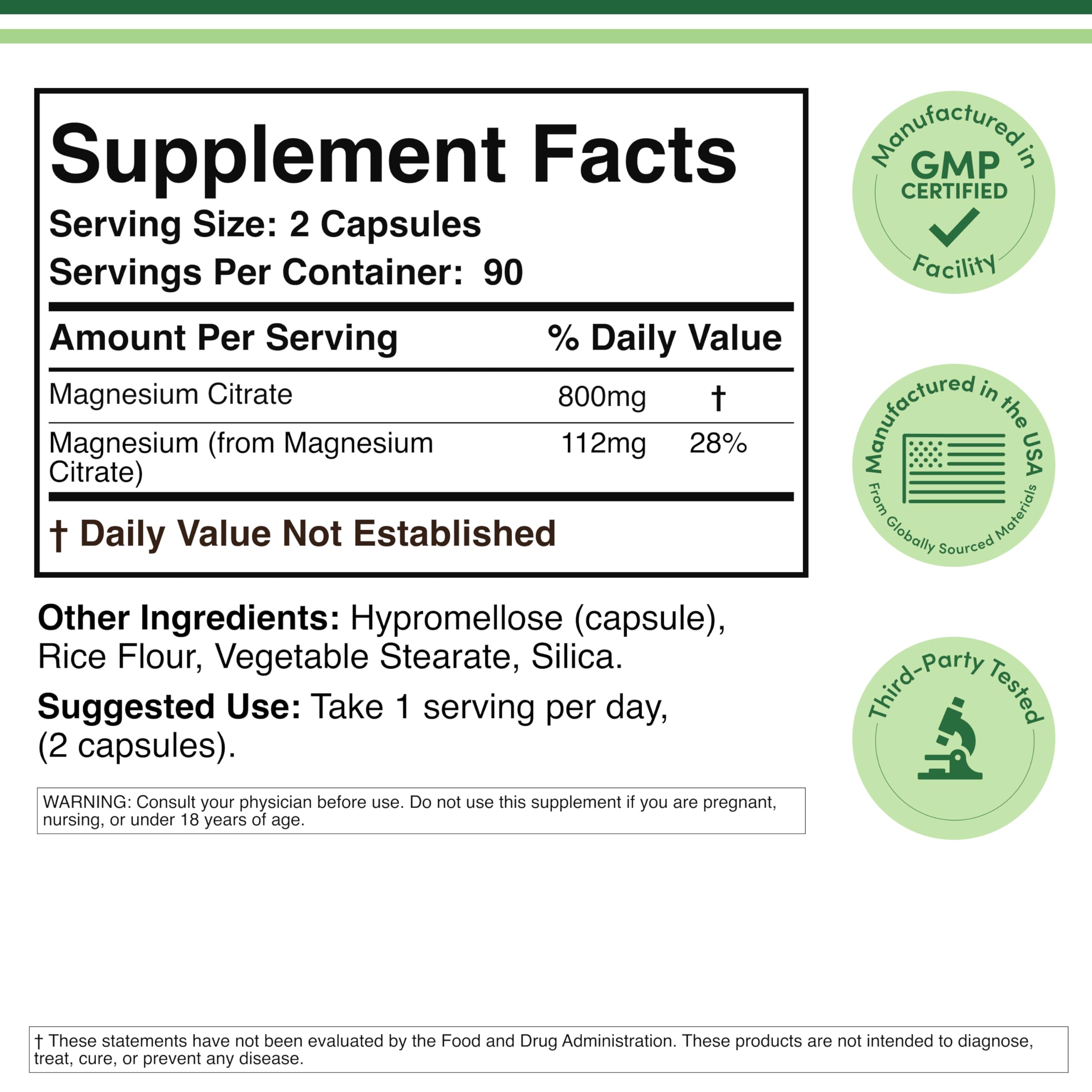 Double Wood Supplements label showing supplement facts and dosage for Magnesium Citrate Capsules 400mg