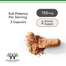 Resveratrol supplement graphic with two capsules and 750 mg full potency per serving