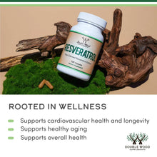 Double Wood Resveratrol bottle with green-trim band on rooted in wellness panel