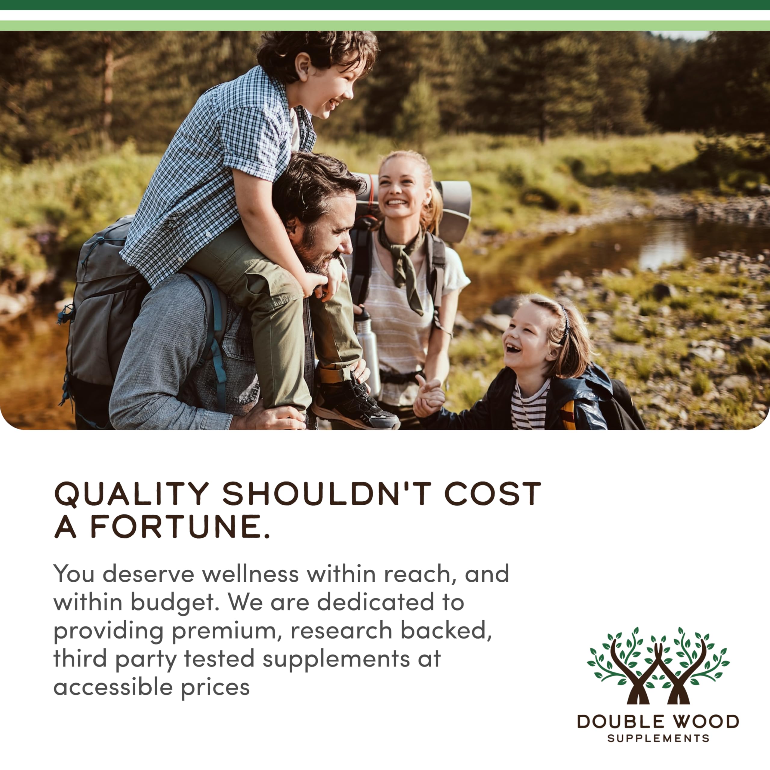 Double Wood Supplements family hiking banner with logo and text about affordable wellness resveratrol supplements UAE