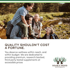 Double Wood Supplements family hiking banner with logo and text about affordable wellness resveratrol supplements UAE