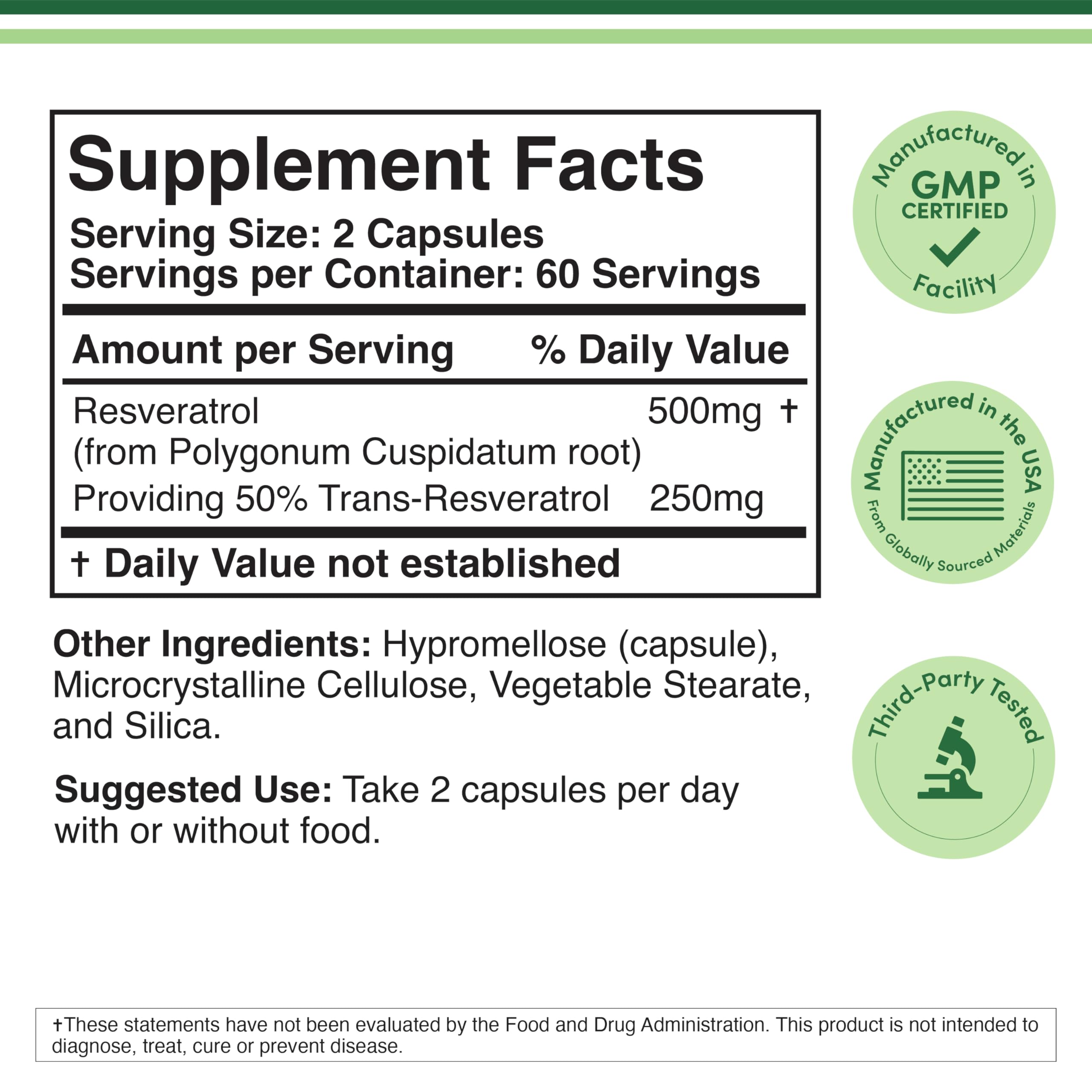 Double Wood Supplements resveratrol 500mg supplement facts label showing 2 capsules serving GMP seals resveratrol supplements UAE