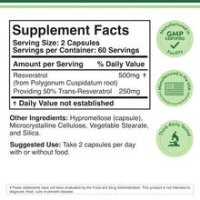 Resveratrol Supplement Facts panel: serving size 2 capsules, 500 mg per serving