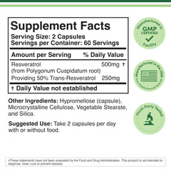 Double Wood Supplements resveratrol 500mg supplement facts label showing 2 capsules serving GMP seals resveratrol supplements UAE