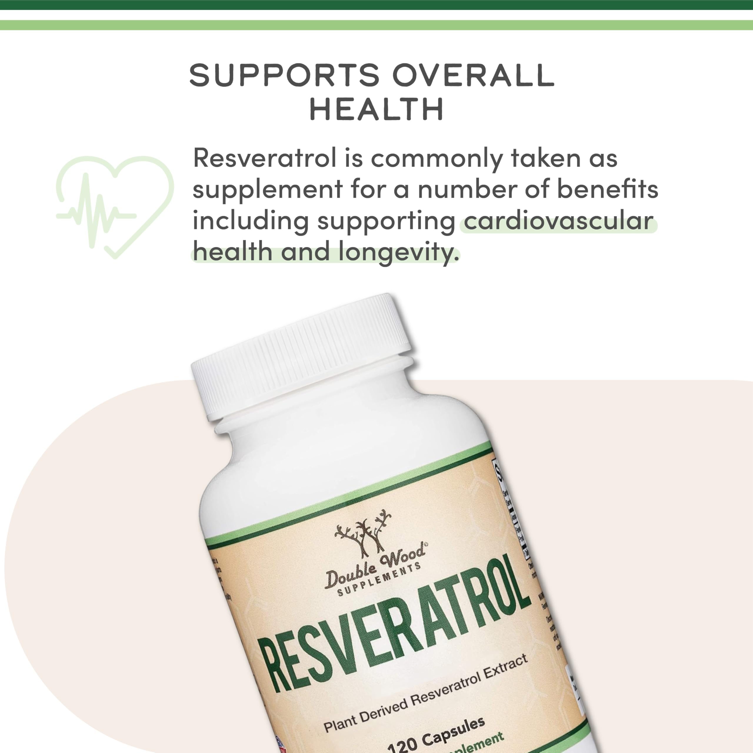 Double Wood Supplements Resveratrol bottle tilted label reads supports overall health resveratrol supplements UAE