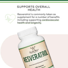 Double Wood Resveratrol bottle angled view with green-trim label and 120 capsules