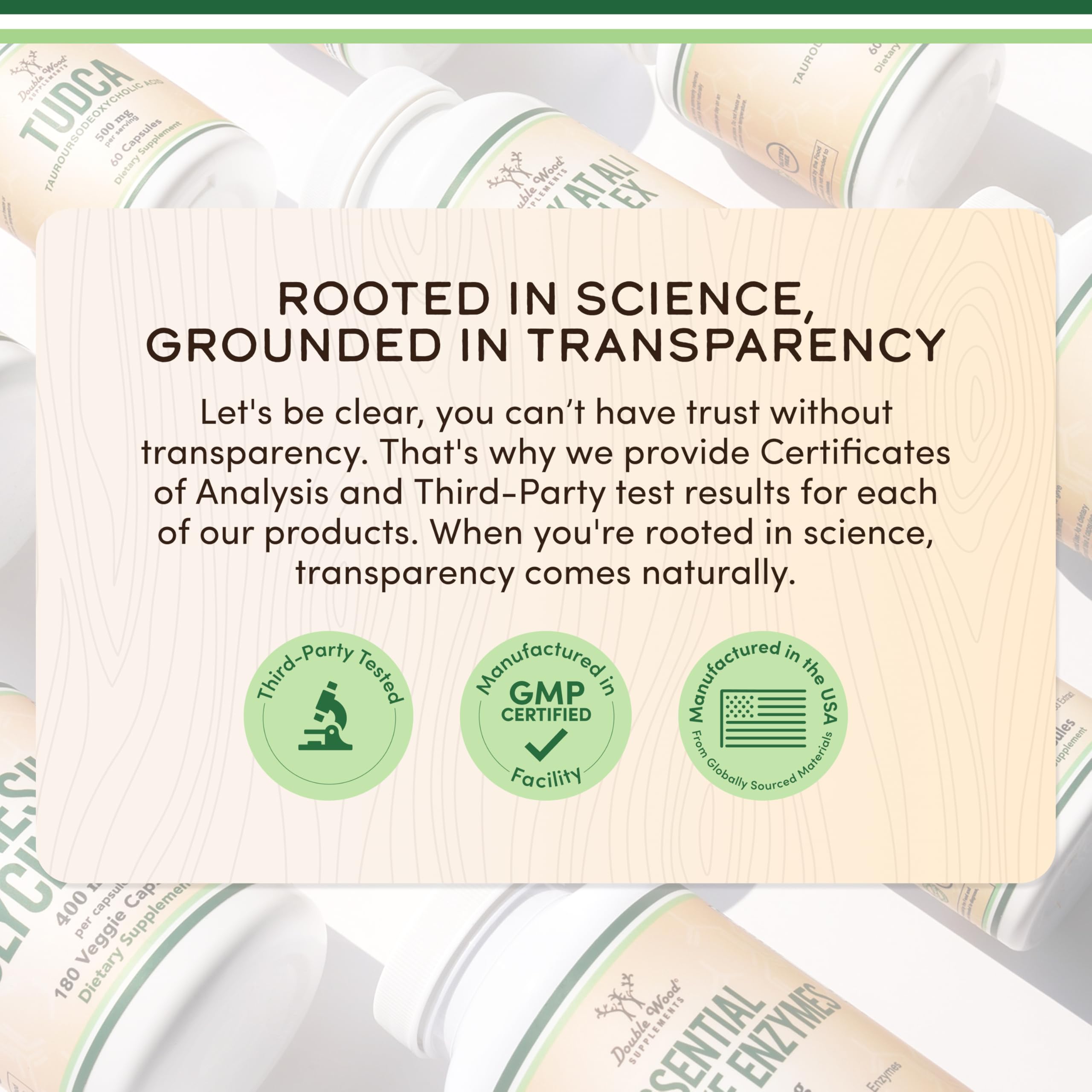 Double Wood Supplements bottles with transparency message and third party testing badges for resveratrol supplements UAE