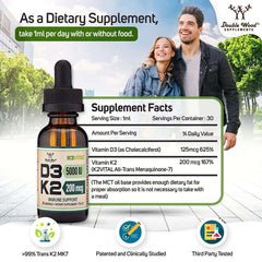 Double Wood Supplements bottle and label with dropper supplement facts happy couple outdoors vitamin D3 5000 IU with K2 drops