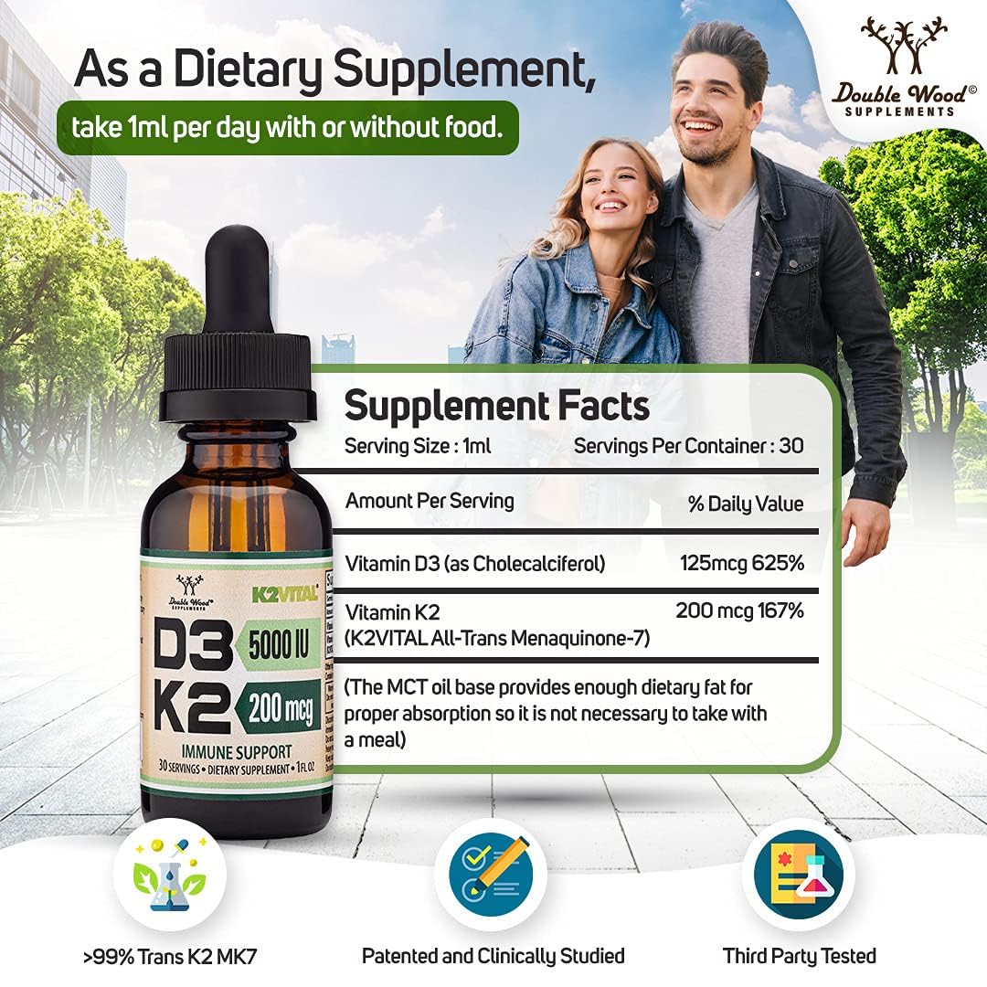 Double Wood Supplements bottle and label with dropper supplement facts happy couple outdoors vitamin D3 5000 IU with K2 drops