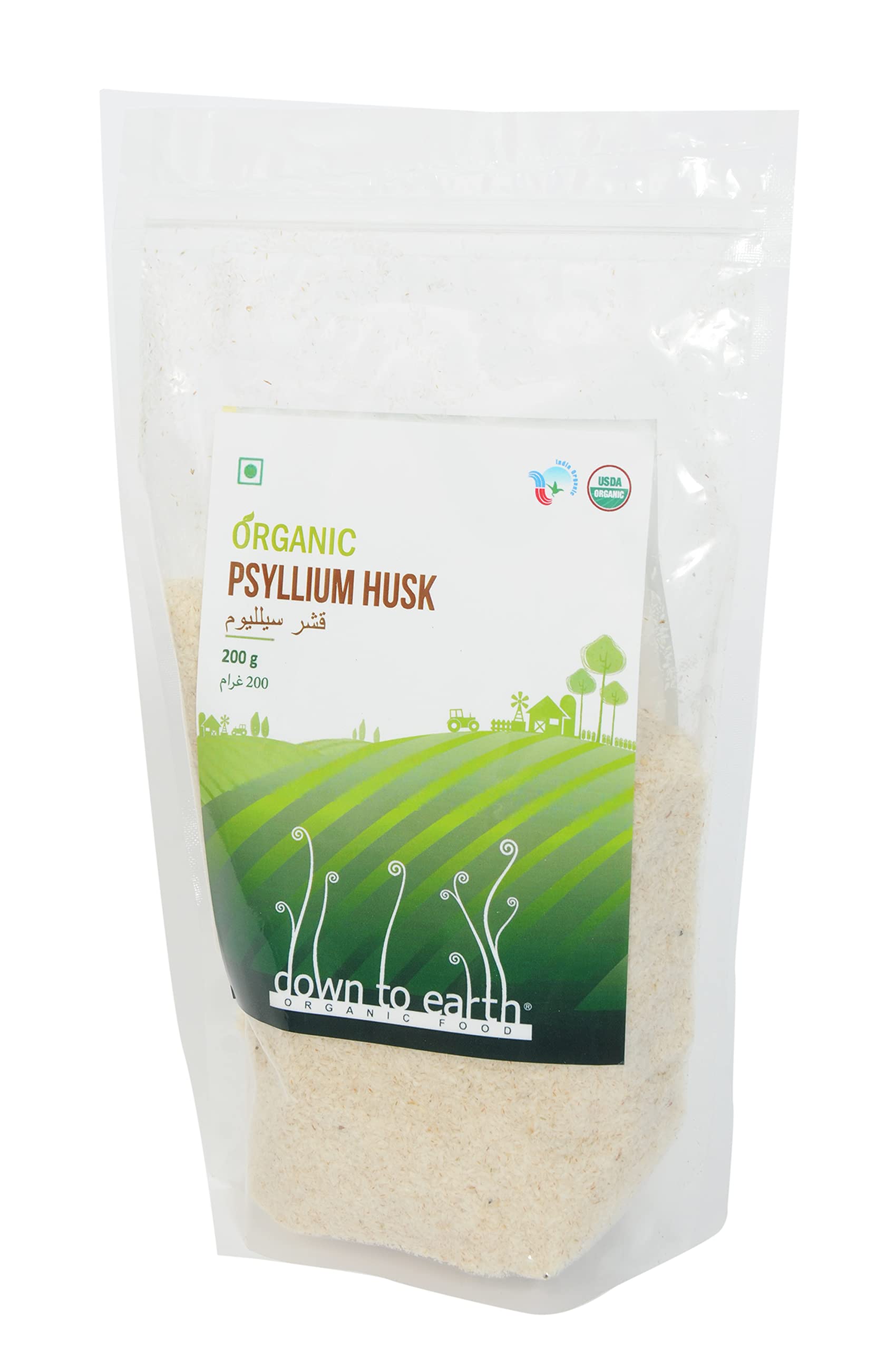 Down to Earth Organic Food clear resealable pouch of organic psyllium husk powder with green field label