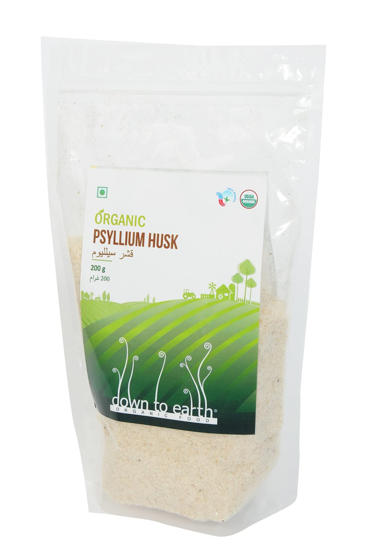 Down to Earth Organic Food clear resealable pouch of organic psyllium husk powder with green field label
