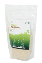 Organic psyllium husk powder in a transparent stand-up pouch, front label