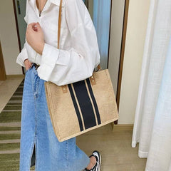 Simple Canvas Stripe Decor Bucket Handbags Women Top Handle Tote Bag Large Capacity Casual Shoulder Crossbody Bags