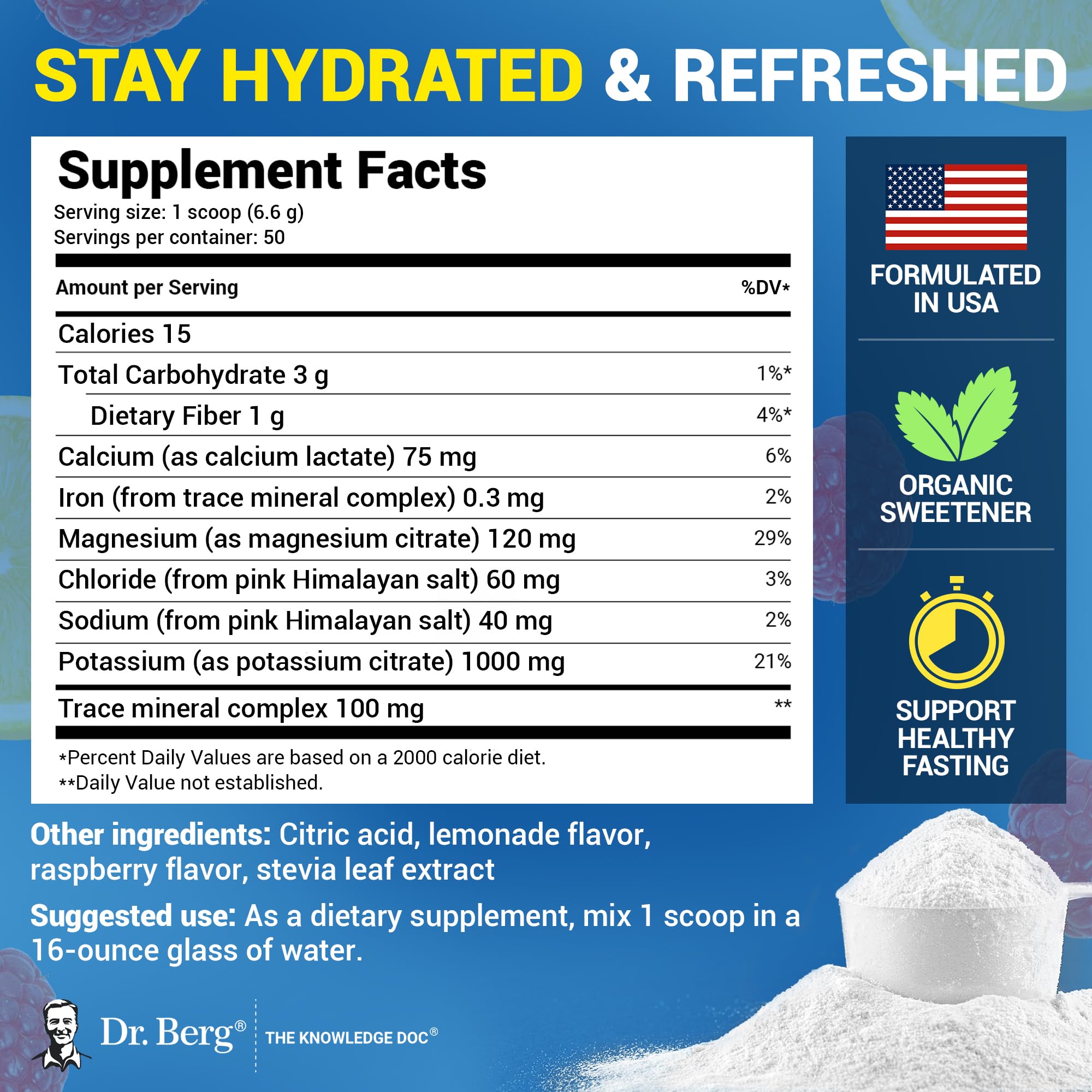 Dr. Berg electrolyte supplement powder label with supplement facts, serving scoop, ingredients and hydration icons