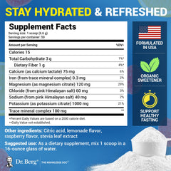 Dr. Berg electrolyte supplement powder label with supplement facts, serving scoop, ingredients and hydration icons