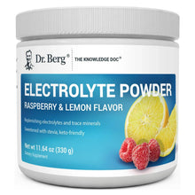 Electrolyte powder supplement jar, white with blue label and raspberry-lemon flavor