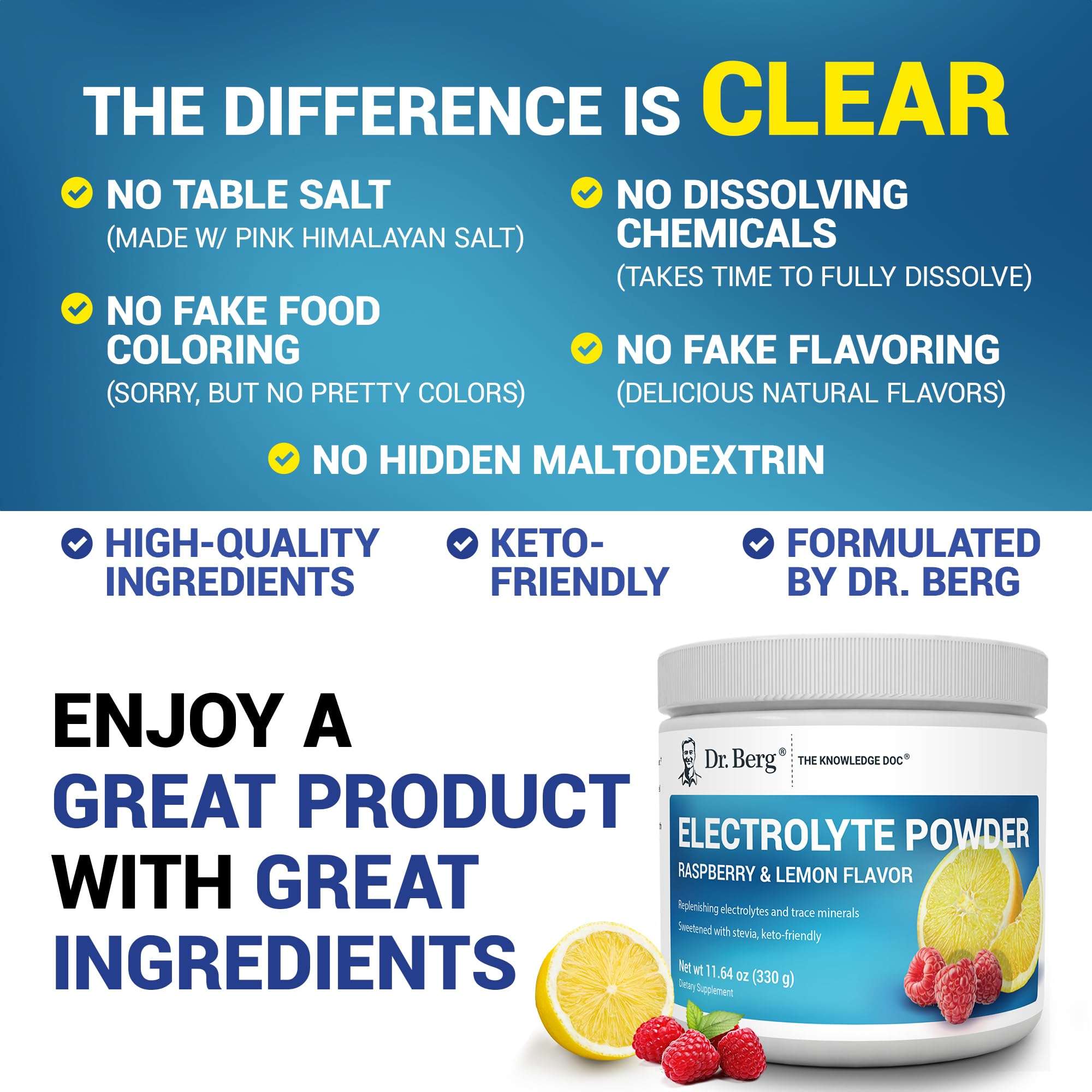 Dr. Berg electrolyte supplement jar with raspberry and lemon flavor alongside product benefits and ingredient claims