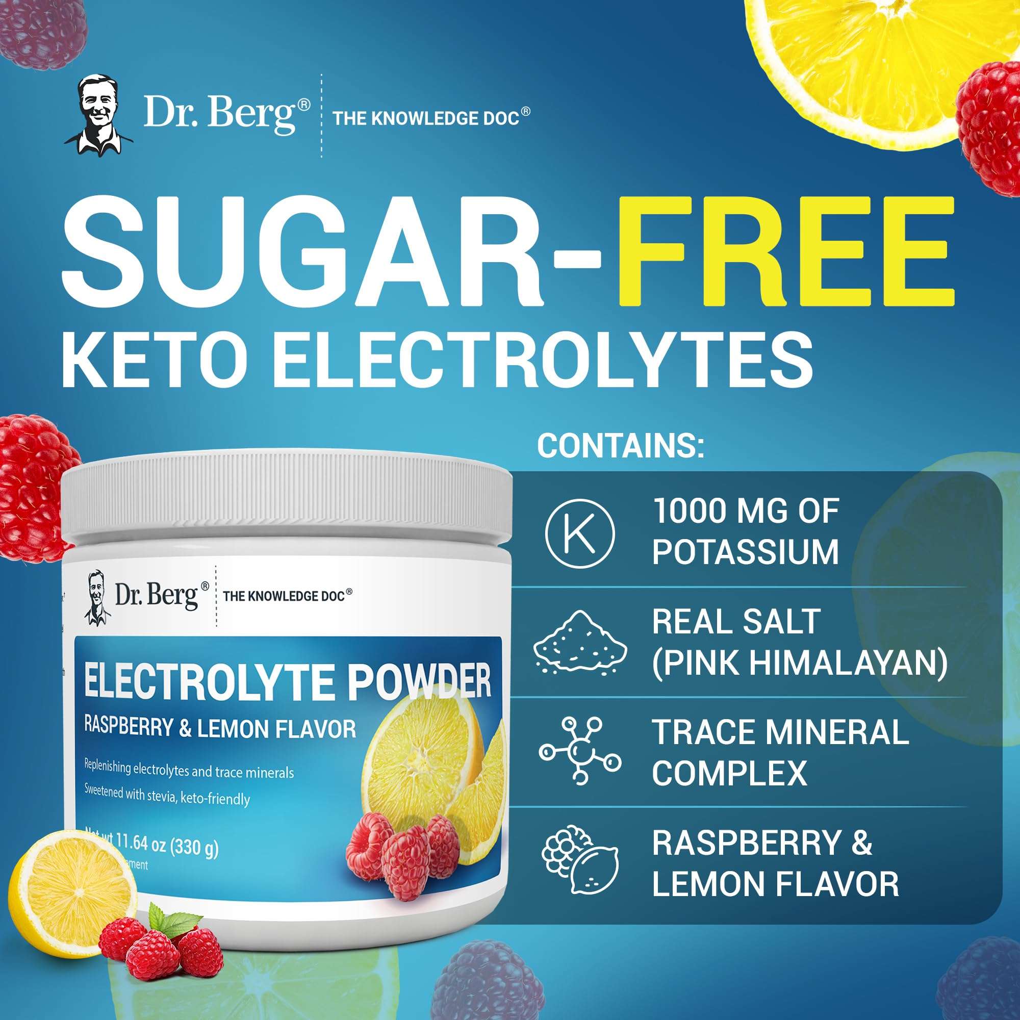 Dr. Berg electrolyte supplement sugar free keto powder jar Raspberry Lemon flavor 1000 mg potassium pink Himalayan salt