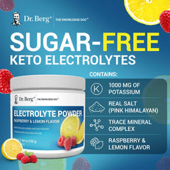 Dr. Berg electrolyte supplement sugar free keto powder jar Raspberry Lemon flavor 1000 mg potassium pink Himalayan salt