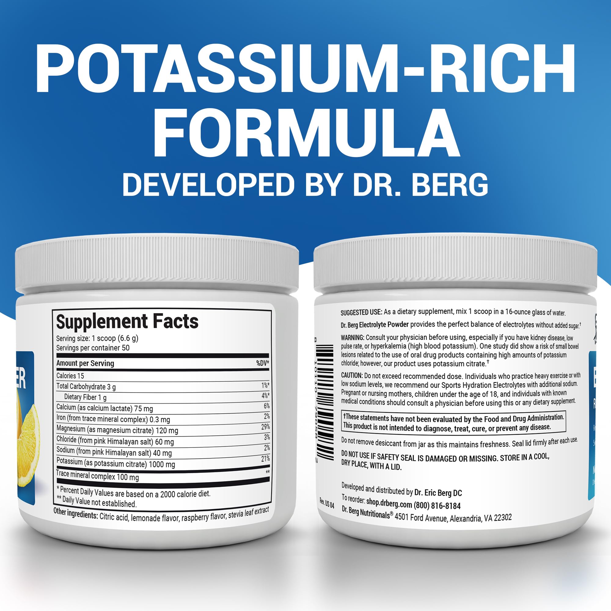 White supplement jars showing back labels and nutrition facts on blue background for Dr. Berg electrolyte supplement