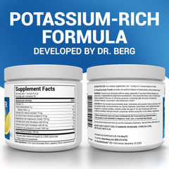 White supplement jars showing back labels and nutrition facts on blue background for Dr. Berg electrolyte supplement