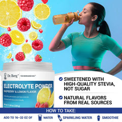 Dr. Berg electrolyte supplement raspberry lemon powder tub with floating raspberries and lemon slices and woman drinking a shake