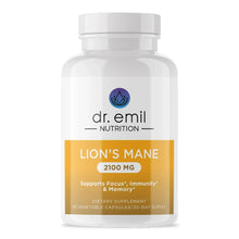 Lion's Mane supplement bottle, 2100 mg vegetable capsules by dr. emil Nutrition