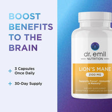 Lion's Mane supplement bottle with blue benefits text panel