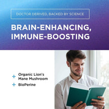 Lion's Mane supplement label panel with brain-enhancing and immune-boosting claims