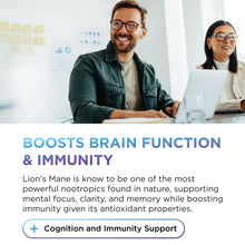 Lion's Mane supplement marketing card with person and immunity support claim