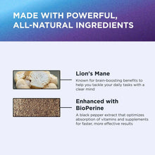 Lion's Mane supplement ingredients panel showing Lion's Mane and BioPerine